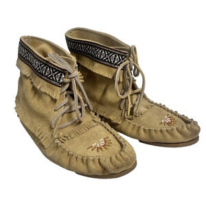 Canada Laurentian Chief Leather Suede Moccasins Ankle Boots Brown sz 9 L Fringe